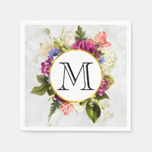 Modern Pink Watercolor Floral Bouquet Monogram Napkin