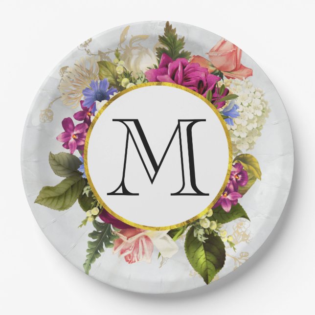 Modern Pink Watercolor Floral Bouquet Monogram Paper Plate (Front)