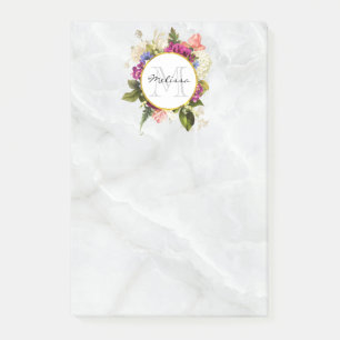 Modern Pink Watercolor Floral Bouquet Monogram Post-it Notes