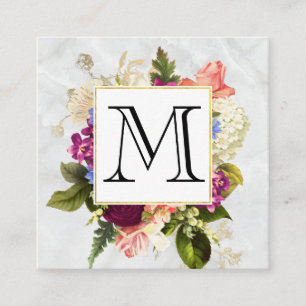 Modern Pink Watercolor Floral Bouquet Monogram Square Business Card