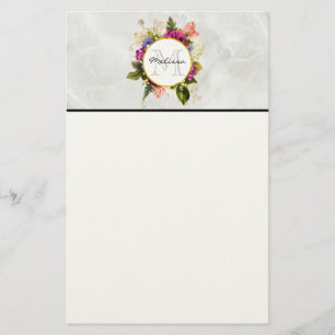 Modern Pink Watercolor Floral Bouquet Monogram Stationery