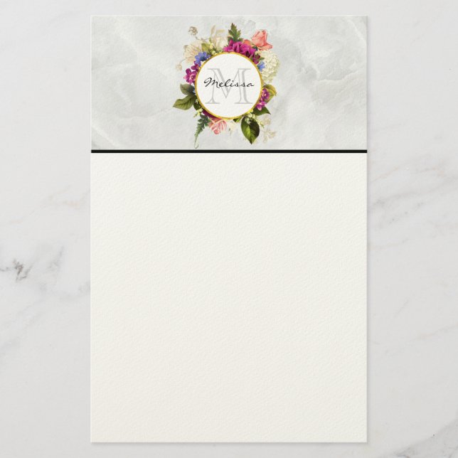 Modern Pink Watercolor Floral Bouquet Monogram Stationery (Front)