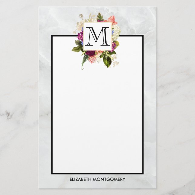 Modern Pink Watercolor Floral Bouquet Monogram Stationery (Front)