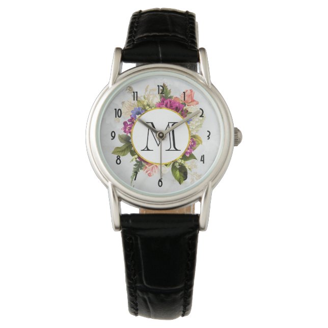 Modern Pink Watercolor Floral Bouquet Monogram Watch (Front)