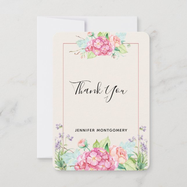 Modern Pink Watercolor Floral Bouquet Thank You Card (Front)