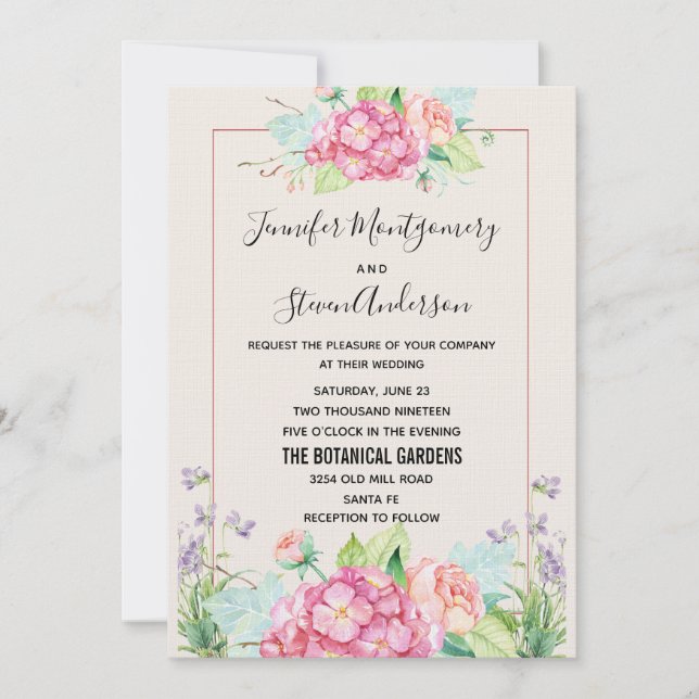 Modern Pink Watercolor Floral Bouquet Wedding Invitation (Front)