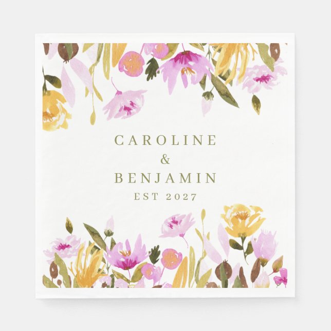 Modern Pink Watercolor Floral Custom Names Wedding Napkin (Front)