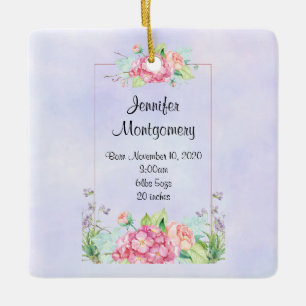 Modern Pink Watercolor Floral Frame Baby's Birth Ceramic Ornament