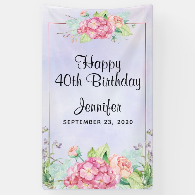 Modern Pink Watercolor Floral Frame Birthday Banner (Vertical)