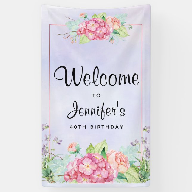 Modern Pink Watercolor Floral Frame Birthday Banner (Vertical)