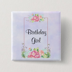 Modern Pink Watercolor Floral Frame Birthday Girl 15 Cm Square Badge