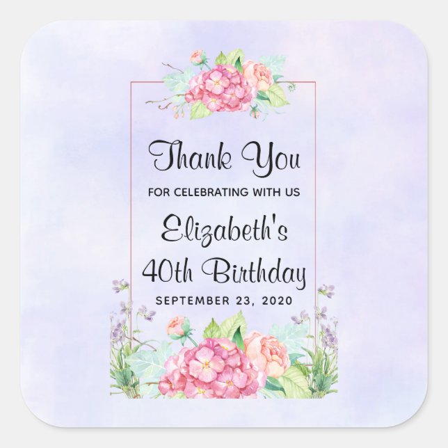 Modern Pink Watercolor Floral Frame Birthday Square Sticker (Front)