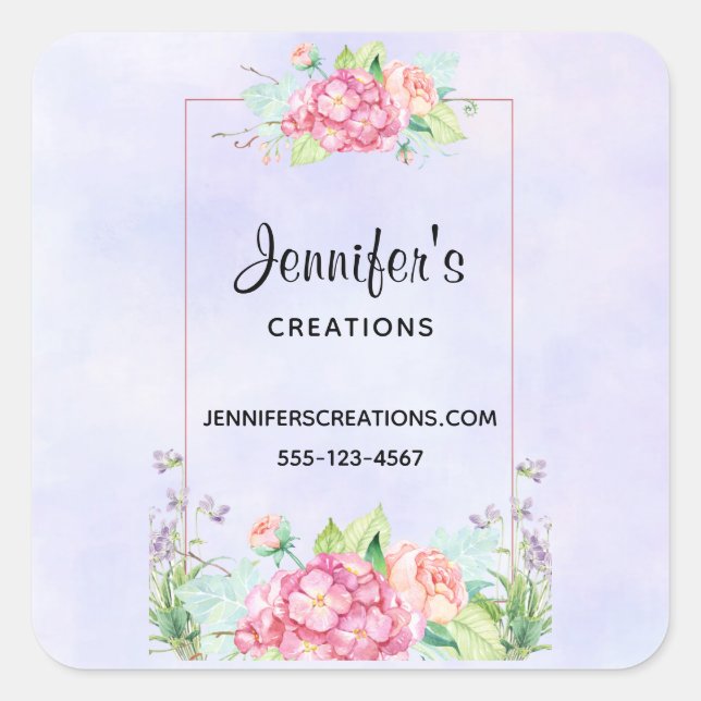 Modern Pink Watercolor Floral Frame Business Square Sticker (Front)