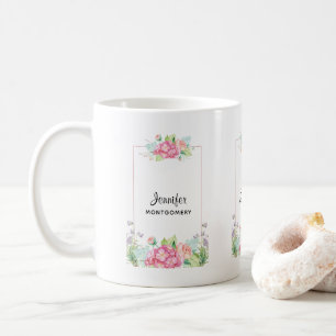 Modern Pink Watercolor Floral Frame Coffee Mug