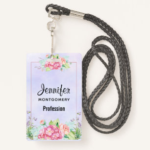 Modern Pink Watercolor Floral Frame ID Badge