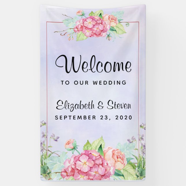 Modern Pink Watercolor Floral Frame Wedding Banner (Vertical)