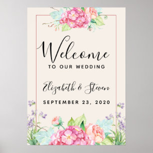 Modern Pink Watercolor Floral Frame Wedding Poster