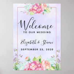 Modern Pink Watercolor Floral Frame Wedding Poster