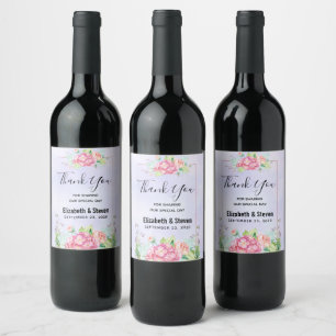 Modern Pink Watercolor Floral Frame Wedding Wine Label