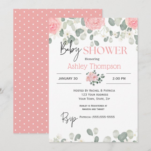 Modern Pink Watercolor  Floral Girls Baby Shower   Invitation (Front/Back)