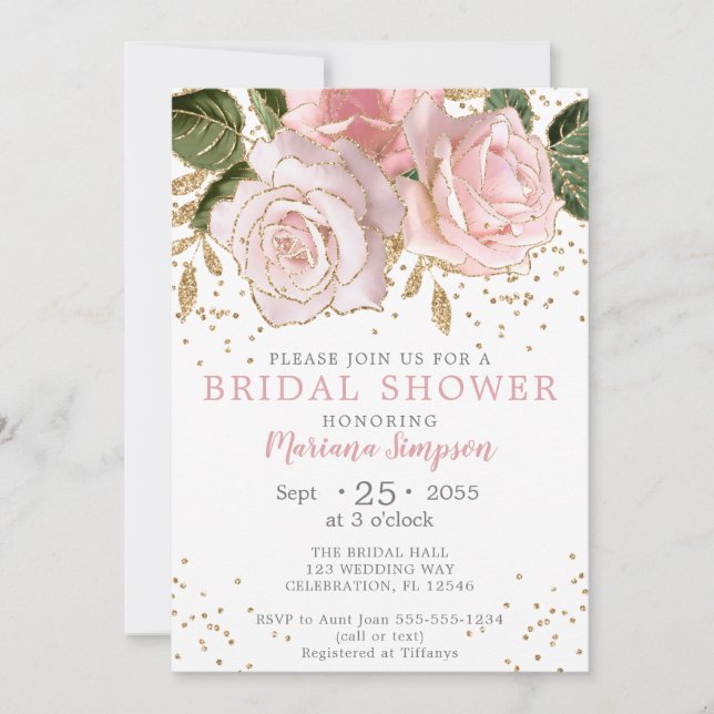 Modern Pink Watercolor Floral Gold Glitter Invitat Invitation (Front)