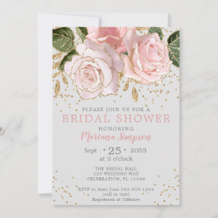 Modern Pink Watercolor Floral Gold Glitter Tan Invitation