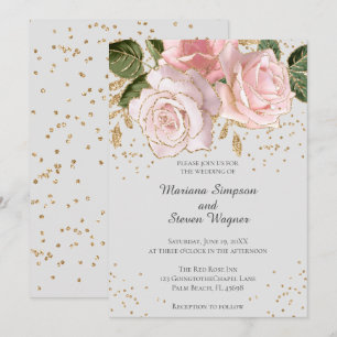 Modern Pink Watercolor Floral Gold Glitter Wedding Invitation