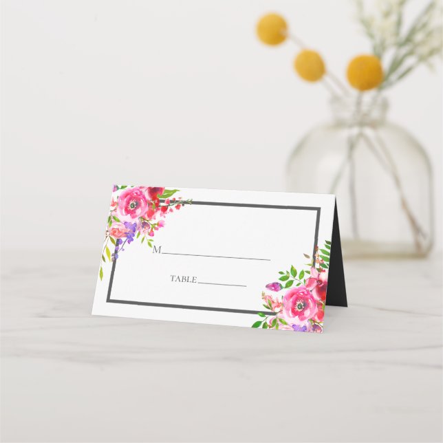 Modern Pink Watercolor Floral Wedding Place Card (Front)