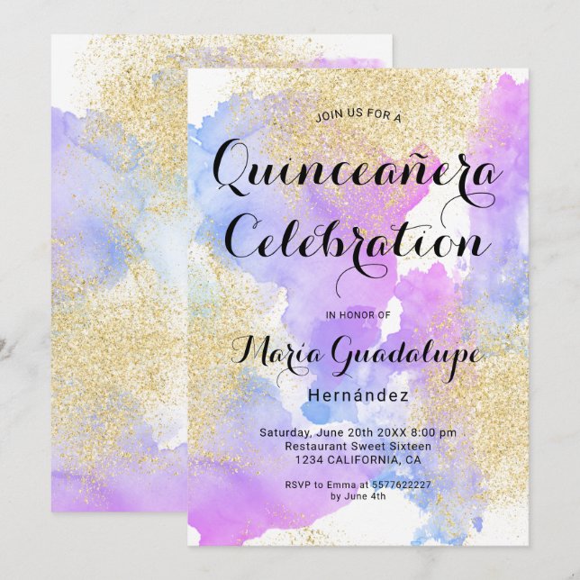 Modern pink watercolor gold glitter Quinceanera Invitation (Front/Back)