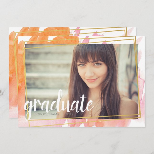 Modern Pink Watercolor Graduate Invitations (Front/Back)