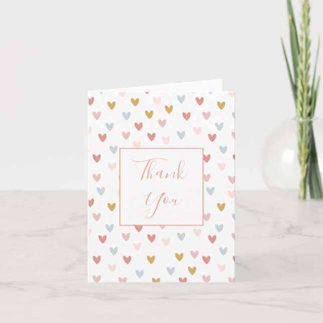 Modern Pink Watercolor Heart Shower Thank You Card (Front)