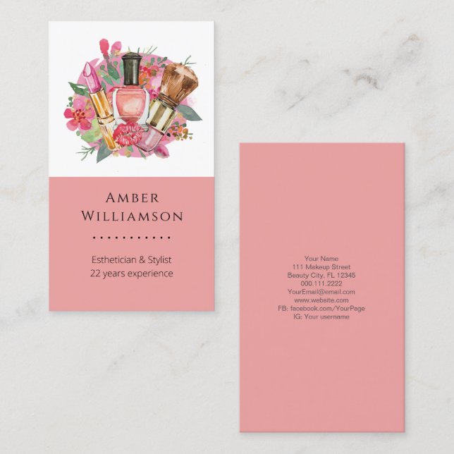 Modern Pink Watercolor Makeup Artist Girly Chic Business Card (Front/Back)