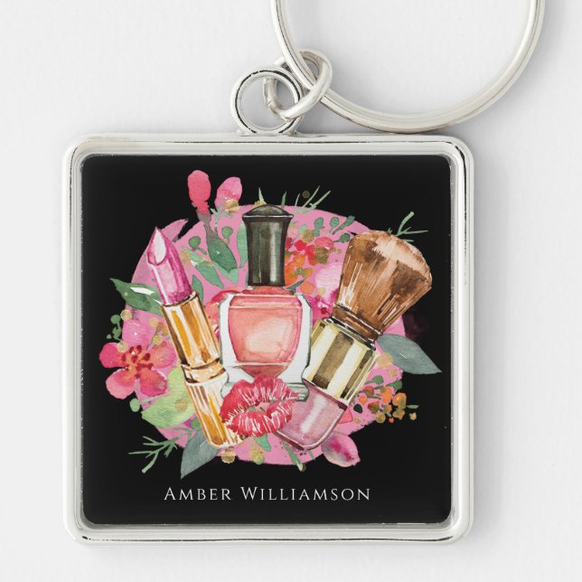 Modern Pink Watercolor Makeup Artist Girly Chic Key Ring (Front)