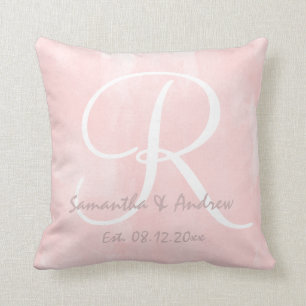 Modern pink watercolor monogram wedding cushion