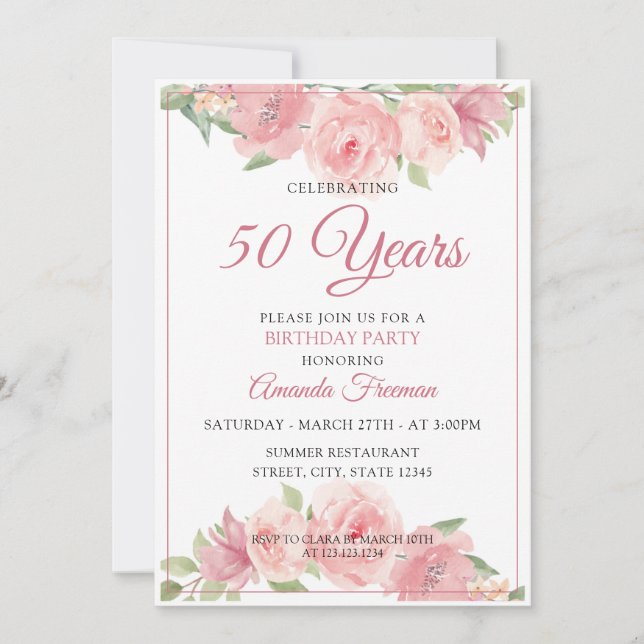 Modern Pink Watercolor Roses Mother Birthday Invitation (Front)