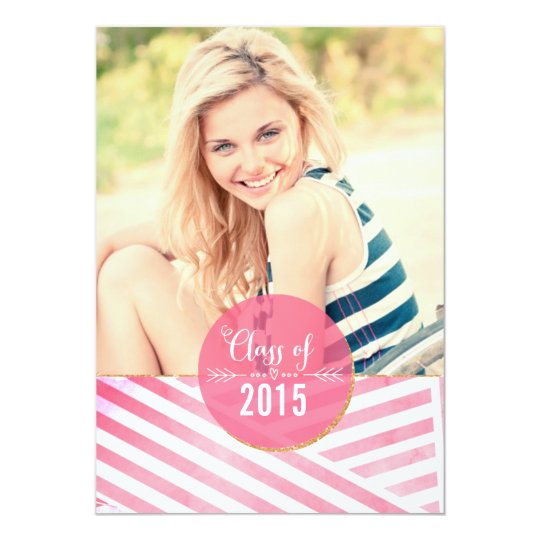Modern Pink Watercolor Stripes Photo Graduation Card