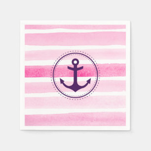 Modern Pink Watercolor Stripes Purple Anchor Napkin