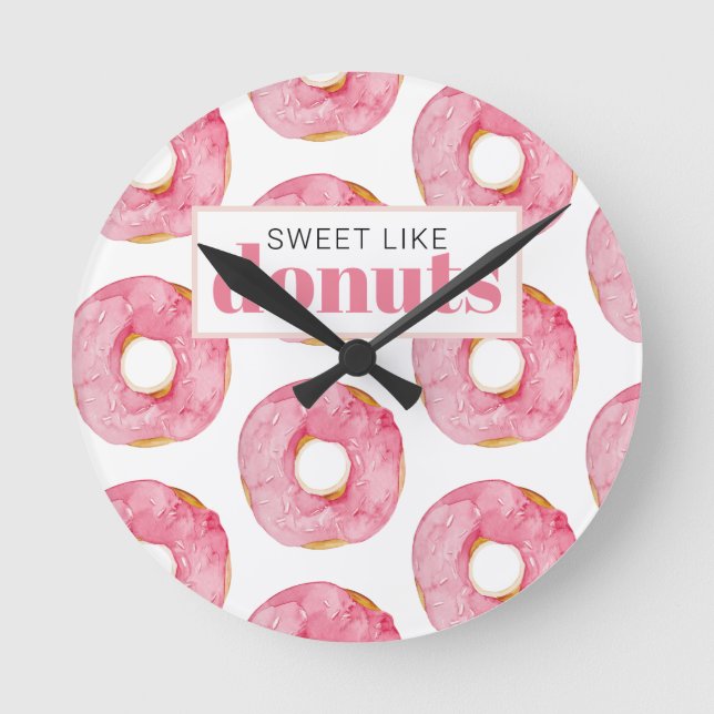 Modern Pink Watercolor Sweet Like Doughnuts Quote Round Clock (Front)