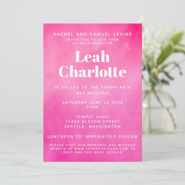 Modern Pink Watercolor Trendy Budget Bat Mitzvah Invitation (Standing Front)