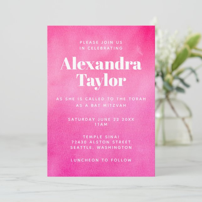 Modern Pink Watercolor Trendy Chic Bat Mitzvah Invitation (Standing Front)
