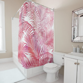 Modern pink  watercolor tropical palm tree leaves  shower curtain