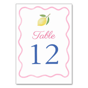 Modern Pink Wavy Border Lemon Wedding Table Number