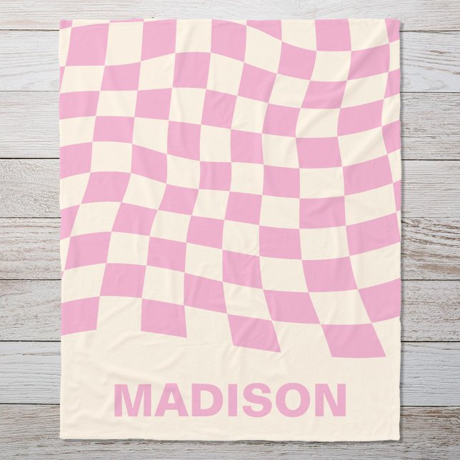 Modern Pink Wavy Chequered Pattern Monogram Fleece Blanket (Creator Uploaded)