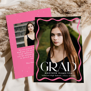 Modern Pink Wavy Frame Grad 2 Photo Graduation Announcement