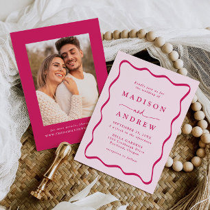 Modern Pink Wavy Frame Photo Wedding Invitation