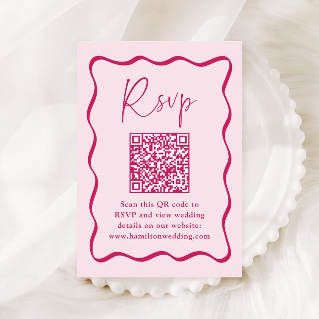 Modern Pink Wavy Frame QR Code Wedding RSVP Enclosure Card (Creator Uploaded)