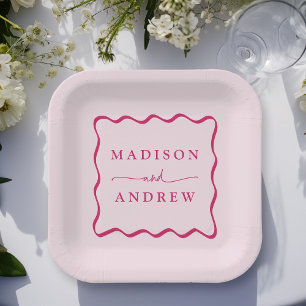 Modern Pink Wavy Frame Wedding Paper Plate