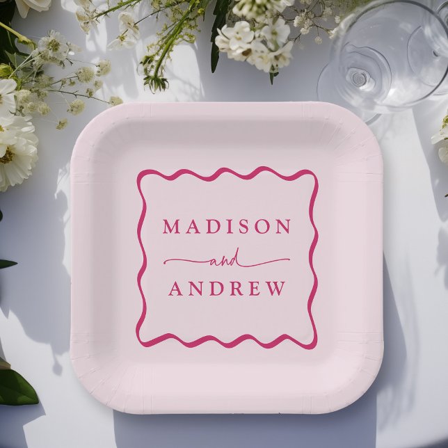 Modern Pink Wavy Frame Wedding Paper Plate (Creator Uploaded)