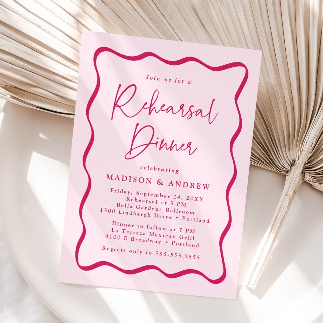 Modern Pink Wavy Frame Wedding Rehearsal Dinner Invitation (Creator Uploaded)