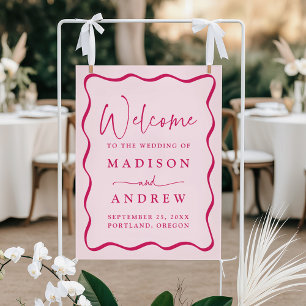 Modern Pink Wavy Frame Wedding Welcome Poster